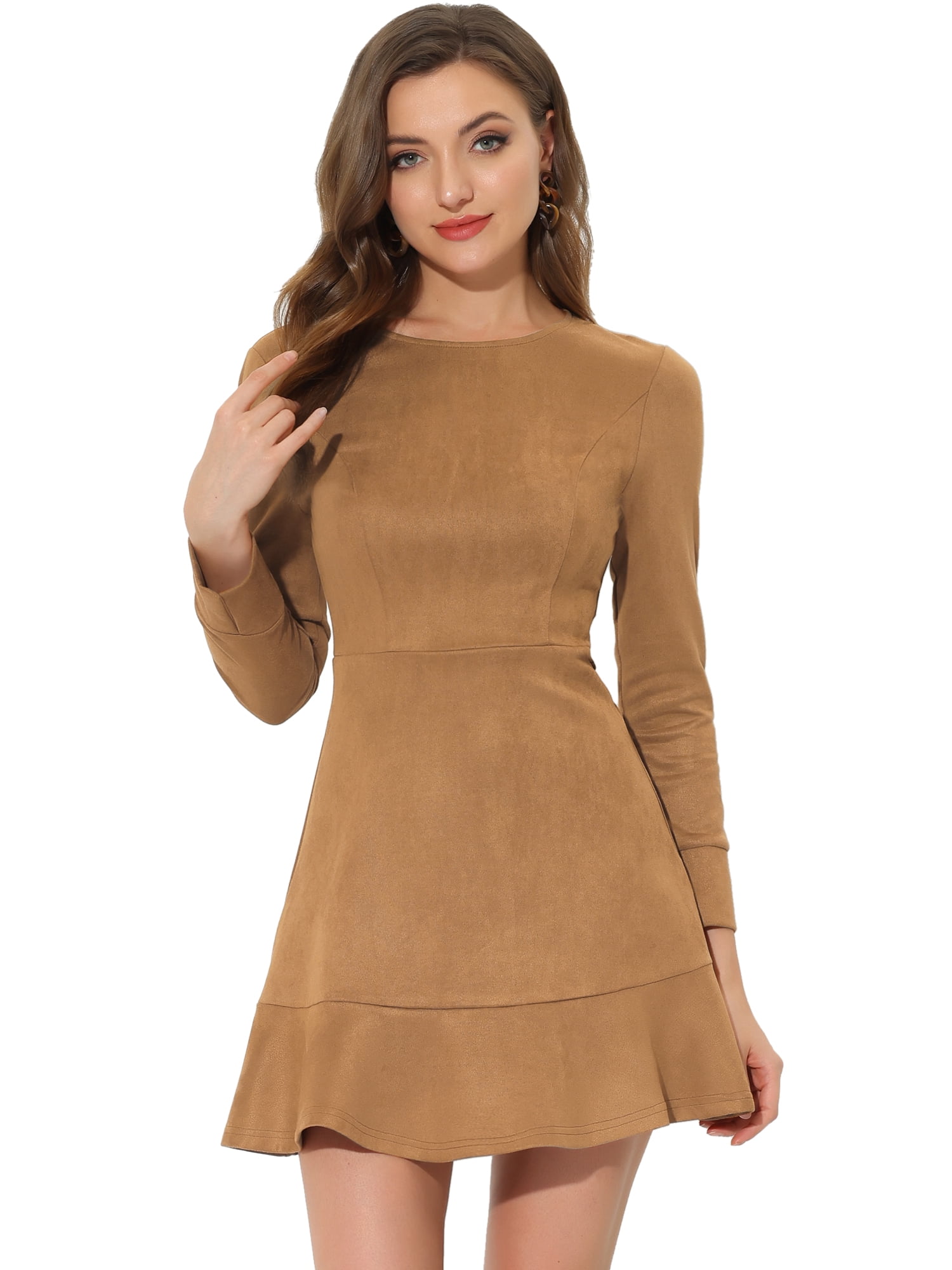 Unique Bargains Women's Faux Suede Ruffle Hem Long Sleeve Mini Dresses XS Brown