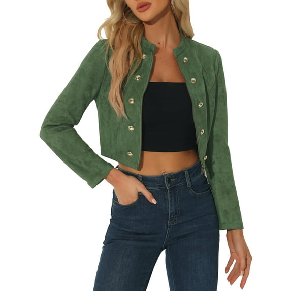 Unique Bargains Women's Faux Suede Cropped Jacket Zip Up Stand Collar Coat L Green