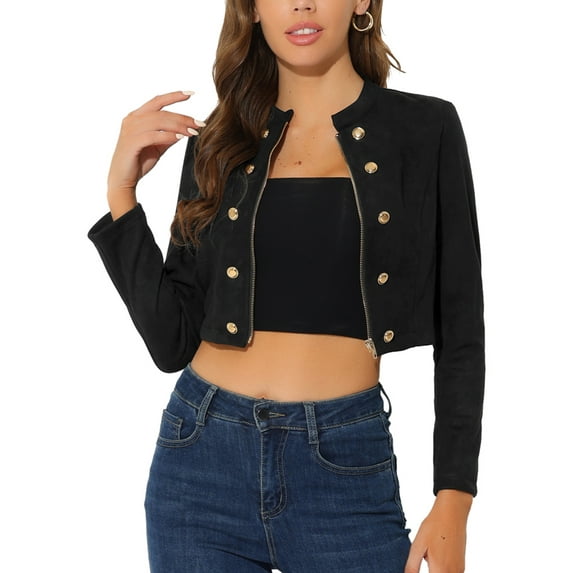 Unique Bargains Women's Faux Suede Cropped Jacket Zip Up Stand Collar Coat S Black
