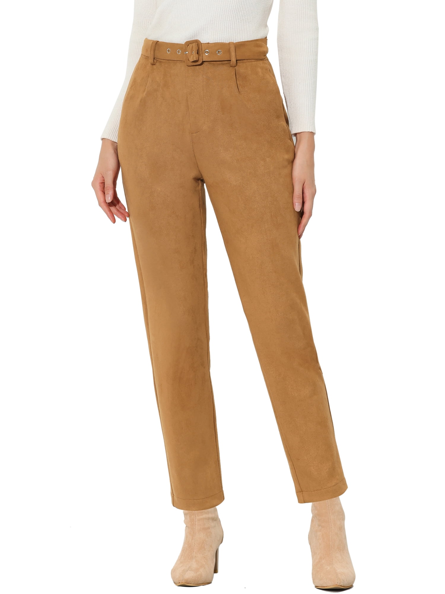 Unique Bargains Women's Faux Suede High Waist Belted Straight Legs Pants S Brown