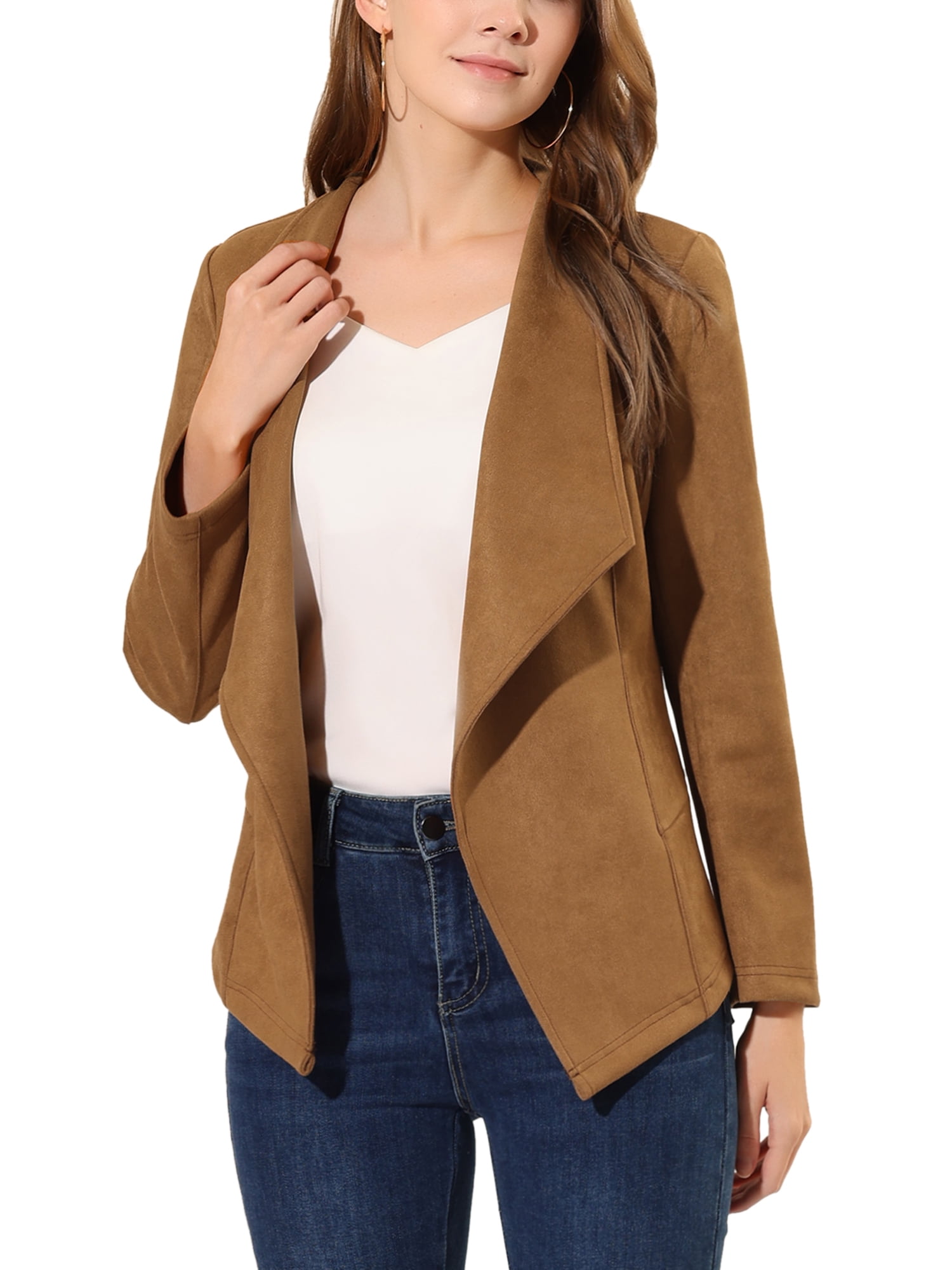 Unique Bargains Women s Faux Suede Jacket Open Front Lapel Draped