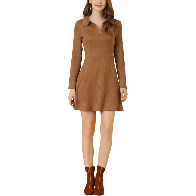 Unique Bargains Women s Faux Suede Lapel Neck Long Sleeve A Line Dress M Brown Walmart