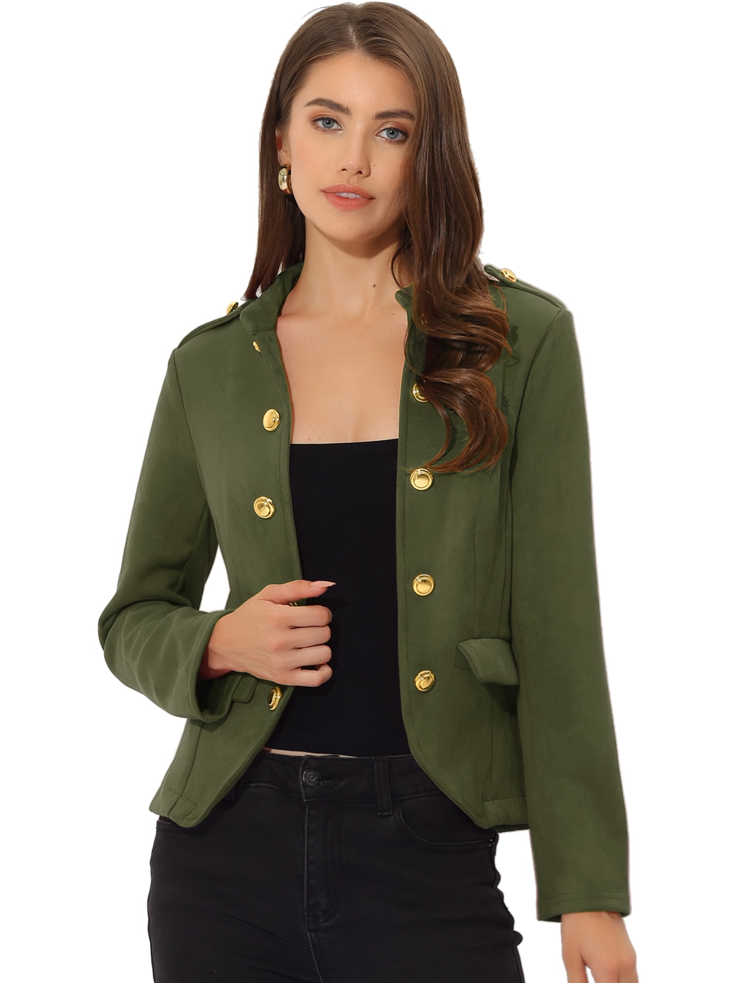 DARING DIVA Faux Suede Long Sleeve Button Decor Steampunk Jacket M Green
