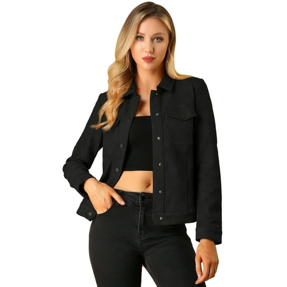 Unique Bargains Women's Faux Suede Long Sleeve Flap Pockets Moto Jacket 2XL Black