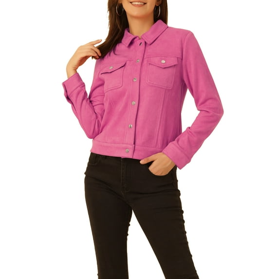 Unique Bargains Women's Faux Suede Long Sleeve Flap Pockets Moto Jacket S Hot Pink
