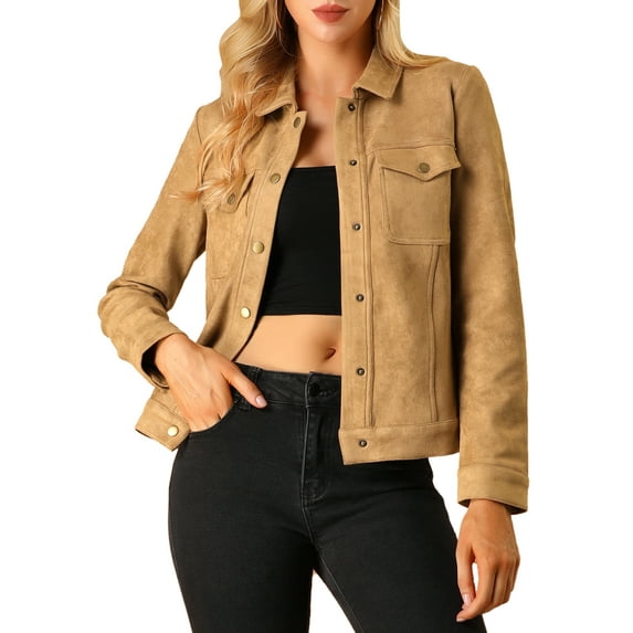 Unique Bargains Women's Faux Suede Long Sleeve Flap Pockets Moto Jacket XL Brown