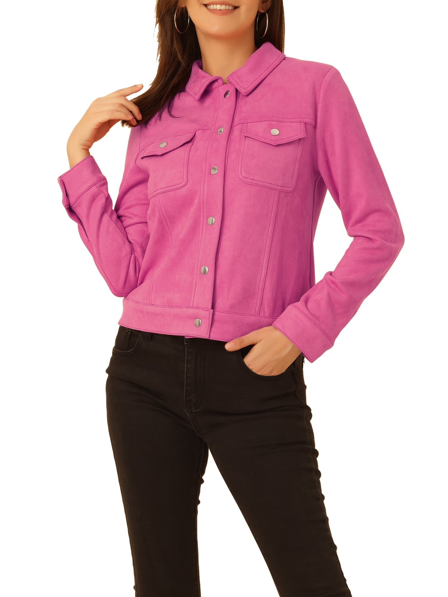 Unique Bargains Women s Faux Suede Long Sleeve Flap Pockets Moto Jacket XL Hot Pink Walmart Business Supplies
