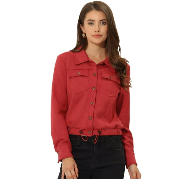 Unique Bargains Women's Faux Suede Point Collar Cropped Motorcycle Jacket S Red