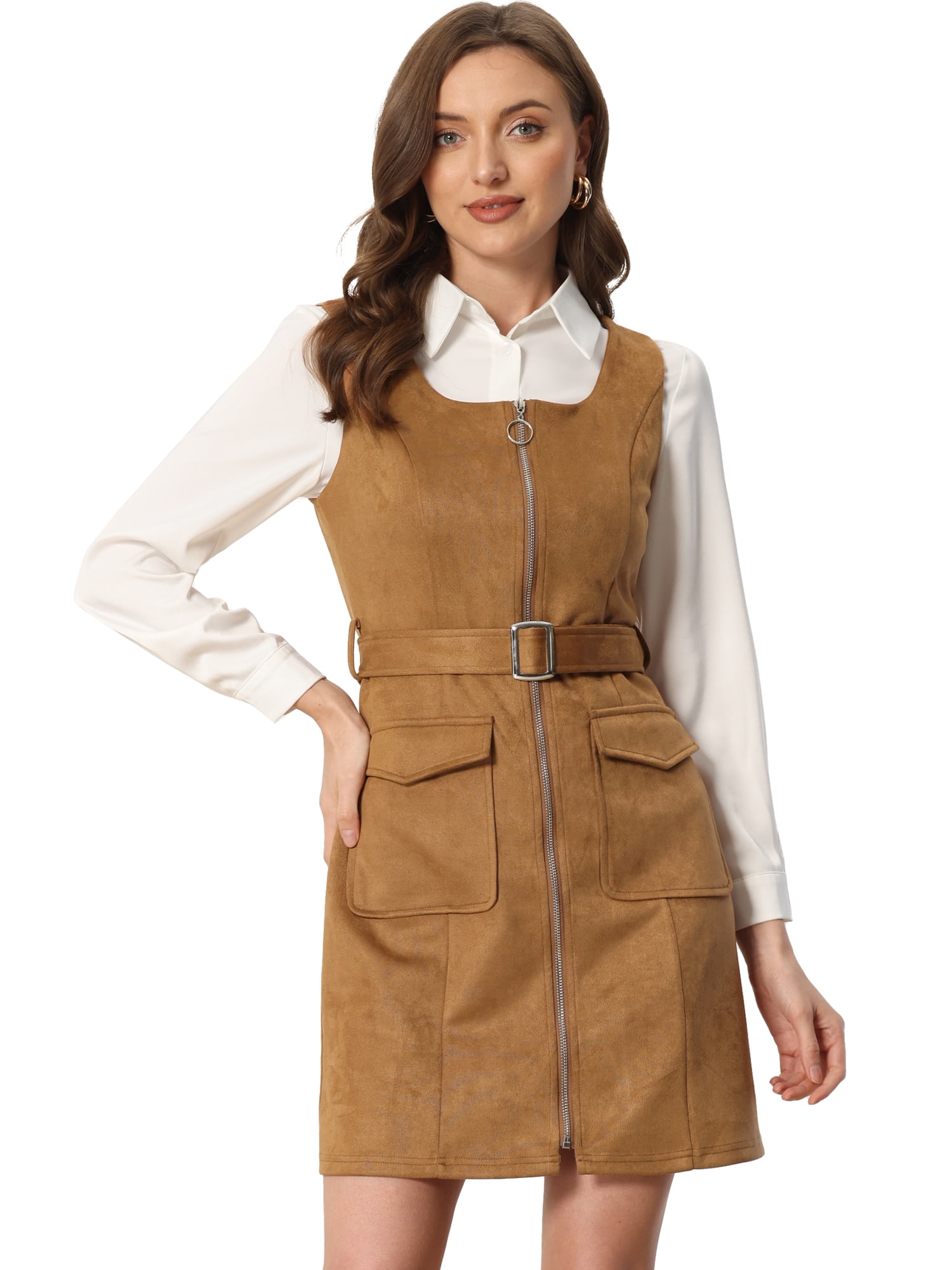 brown suede pinafore dress Brown Suede Eleanor Mini Pinafore Dress main image 1