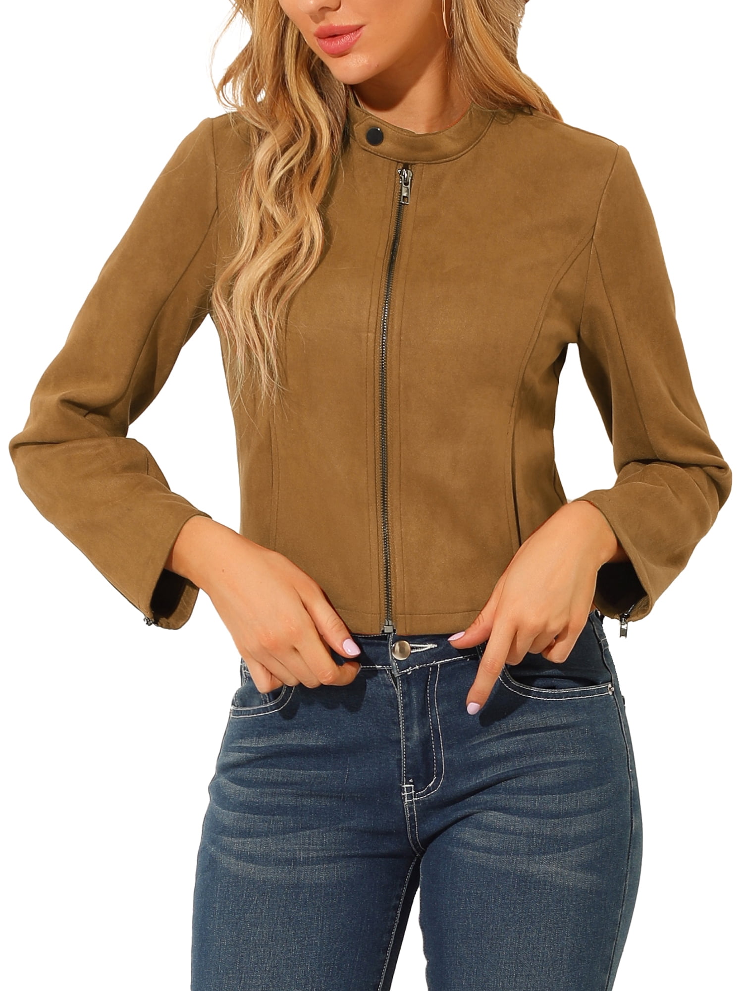 Unique Bargains Women's Faux Suede Stand Collar Zip Up Long Sleeve Moto  Jacket L Pink