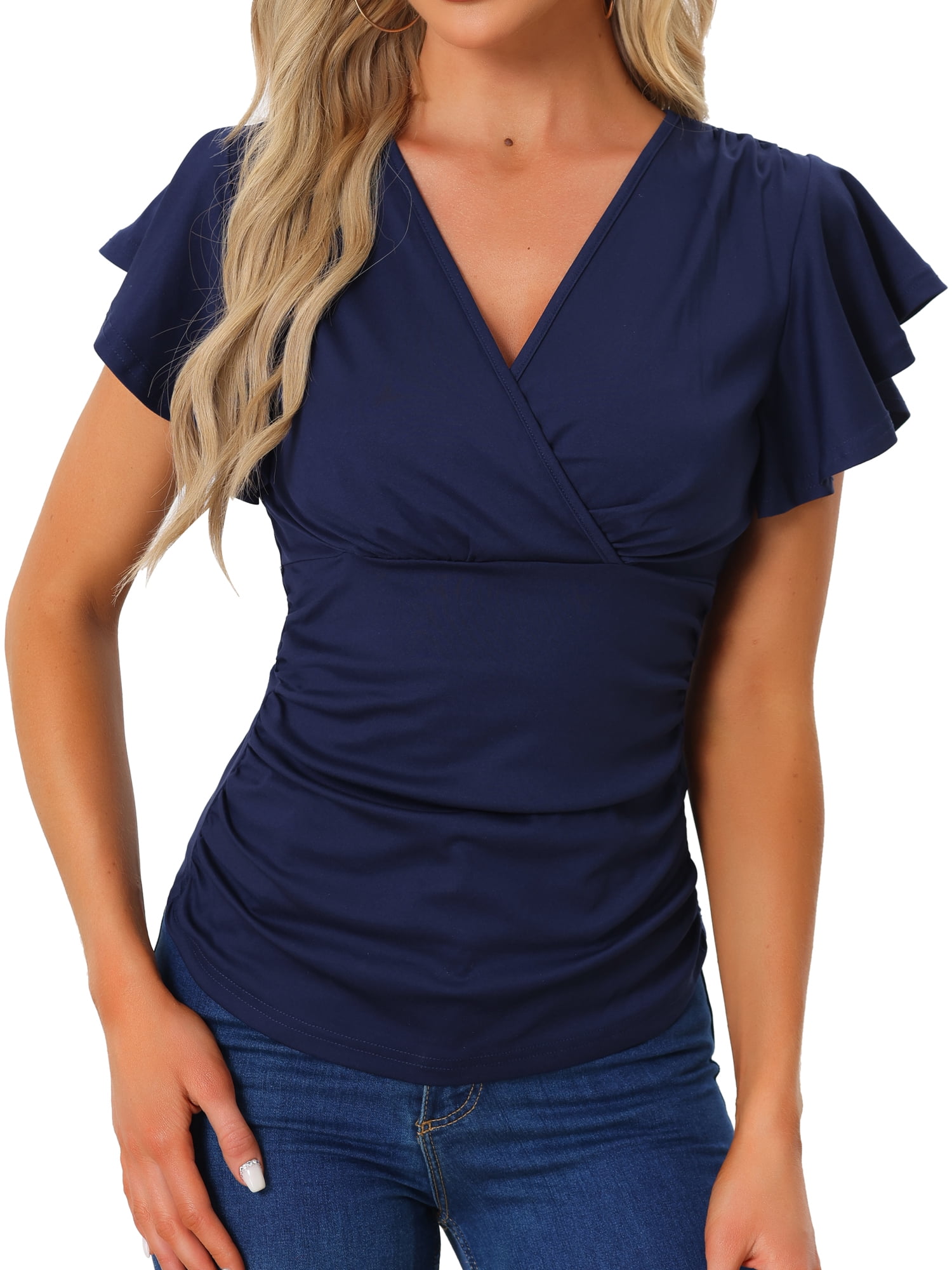 DARING DIVA Women's Stylish V Neck Cinched Waist Ruffle Sleeve Blouse S Dark Blue