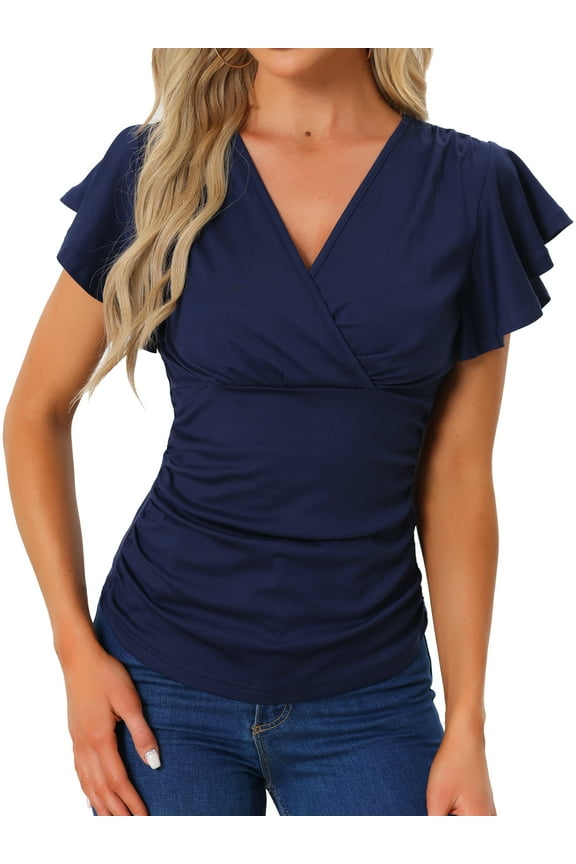 Ruched Top for Women's Casual V Neck Cinched Waist Ruffle Sleeve Surplice Wrap Blouse Dark Blue S