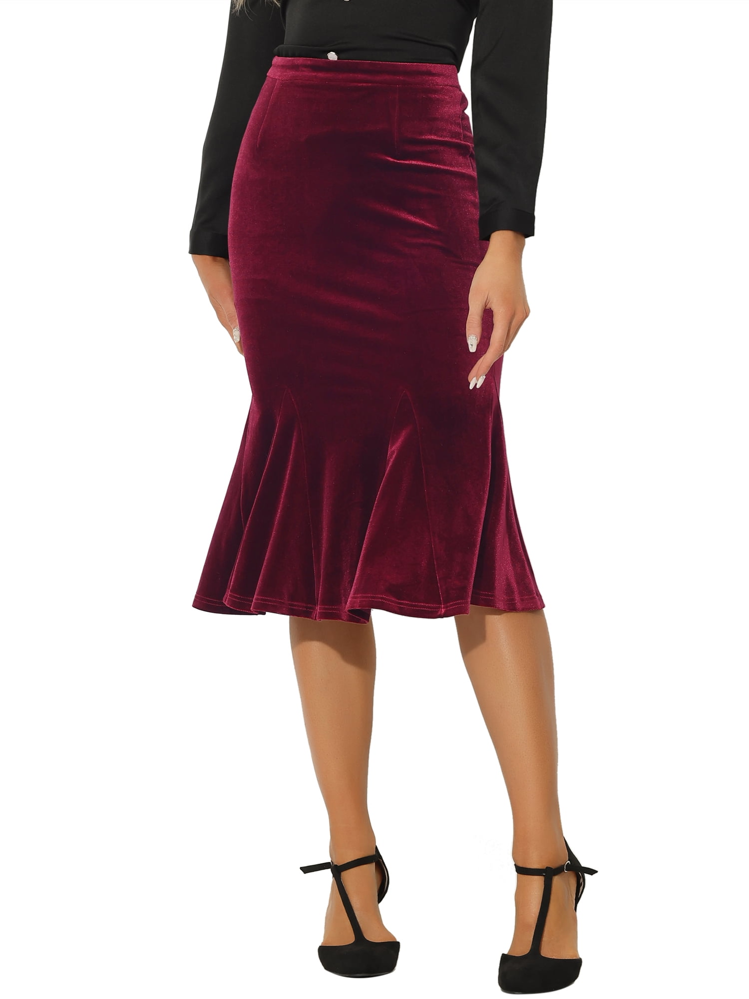Unique Bargains Women's Feminine Chic Retro Bodycon Elastic Back Velvet Midi Skirt XS Red