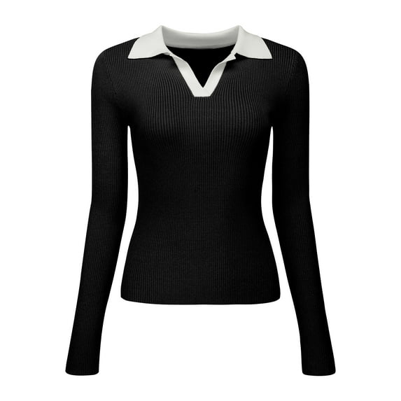 Unique Bargains Women's Polo Sweater Top V Neck Long Sleeve Ribbed Knit T Shirt 2XL Black