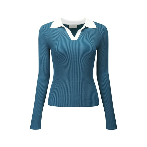 Unique Bargains Women's Polo Sweater Top V Neck Long Sleeve Ribbed Knit T Shirt 2XL Blue