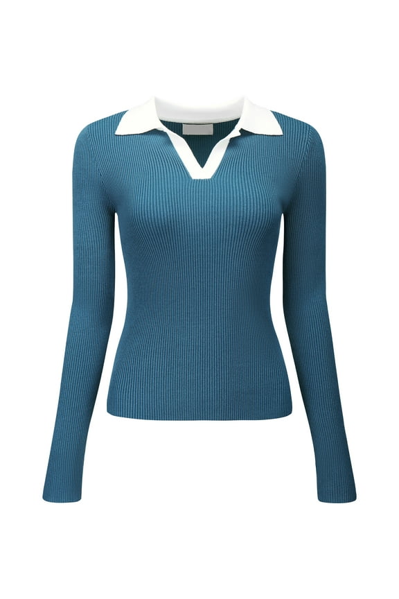 Unique Bargains Women's Polo Sweater Top V Neck Long Sleeve Ribbed Knit T Shirt 2XL Blue