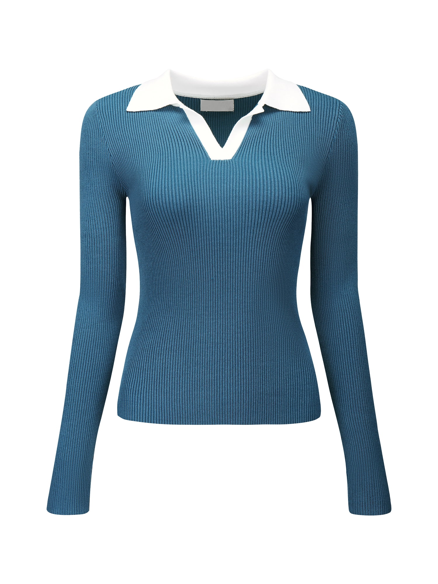 Unique Bargains Women's Polo Sweater Top V Neck Long Sleeve Ribbed Knit T Shirt S Blue