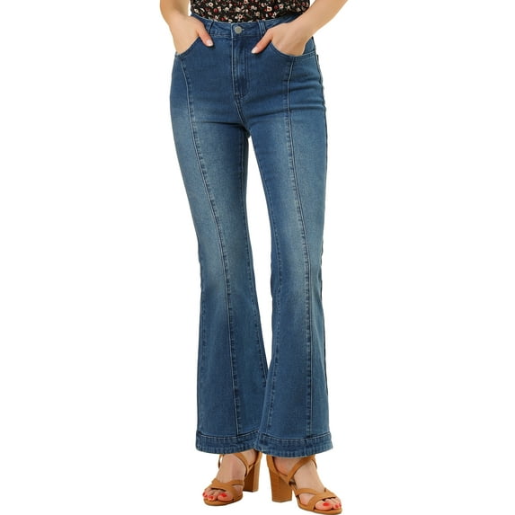 Unique Bargains Women's Flare Jeans Long Pants Bell Bottoms Denim Jeans S Dark Blue