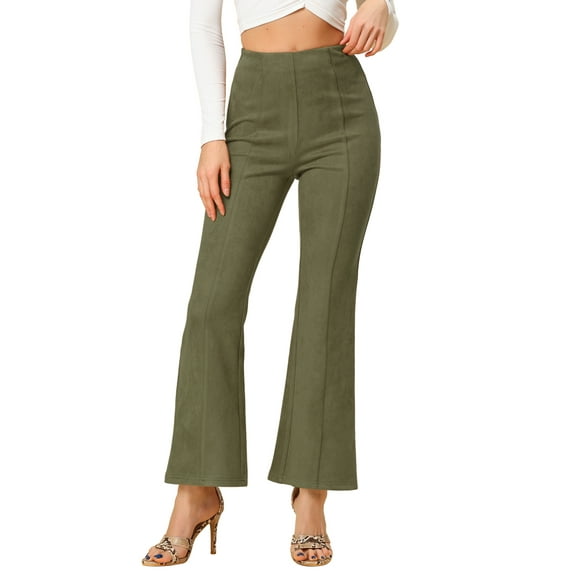 Unique Bargains Women's Flared Hidden Side Zipper Knitted Faux Suede Flared Pants L Army Green