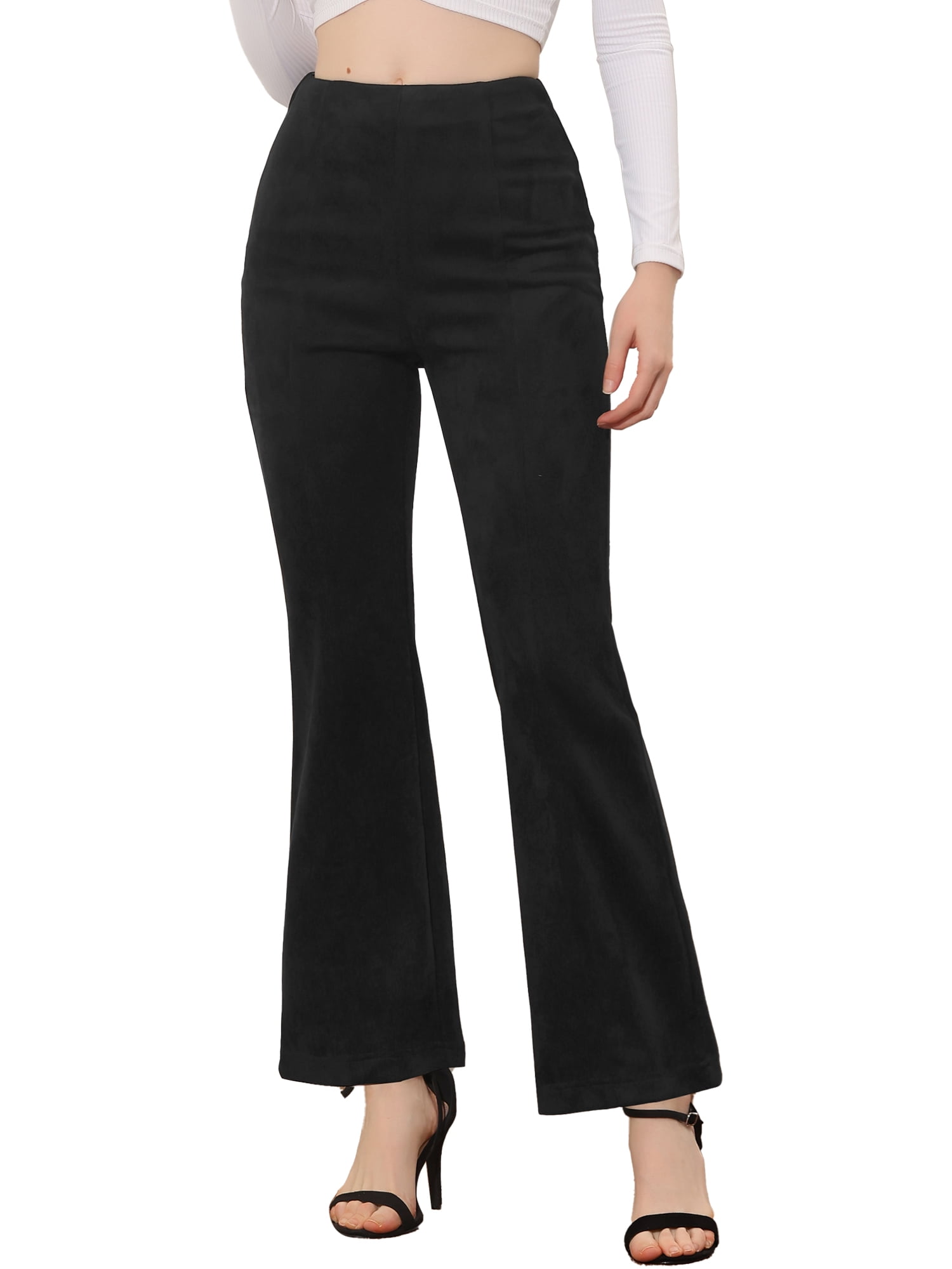 Unique Bargains Women's Flared Hidden Side Zipper Knitted Faux Suede Flared Pants L Black