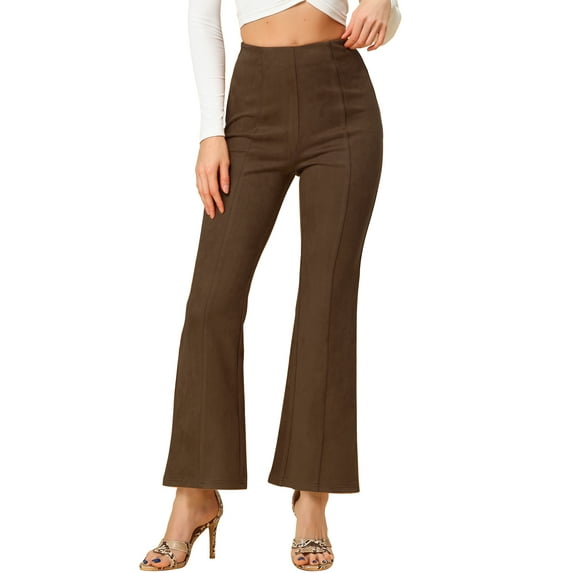 Unique Bargains Women's Flared Hidden Side Zipper Knitted Faux Suede Flared Pants S Dark Brown