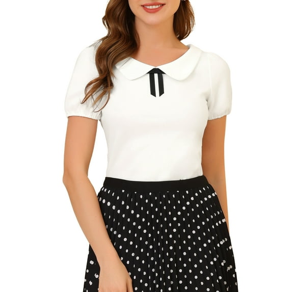 Unique Bargains Women's Flat Collar Short Sleeves Elastic Cuff Bow Decor Blouse White L