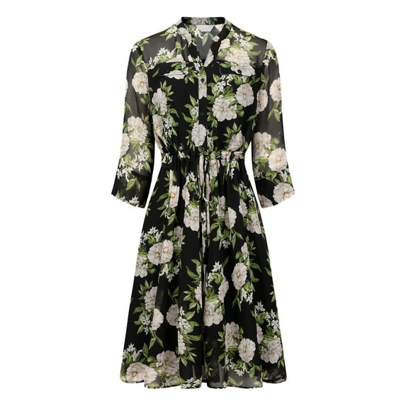 Unique Bargains Women's Floral Chiffon Half Sleeve Button Down Flare Dresses M Black