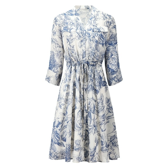 Unique Bargains Women's Floral Chiffon Half Sleeve Button Down Flare Dresses M White