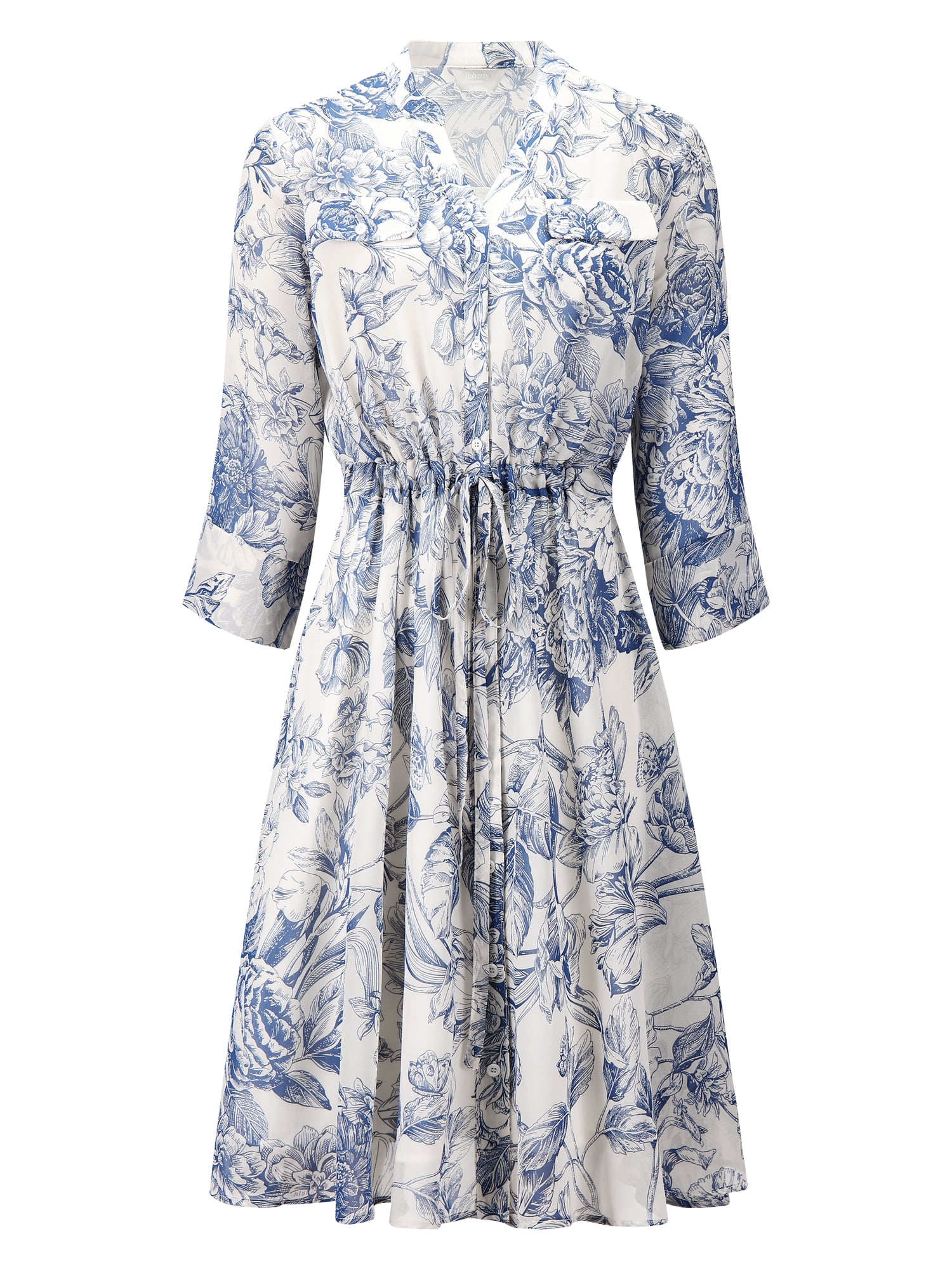Unique Bargains Women's Floral Chiffon Half Sleeve Button Down Flare Dresses XL White
