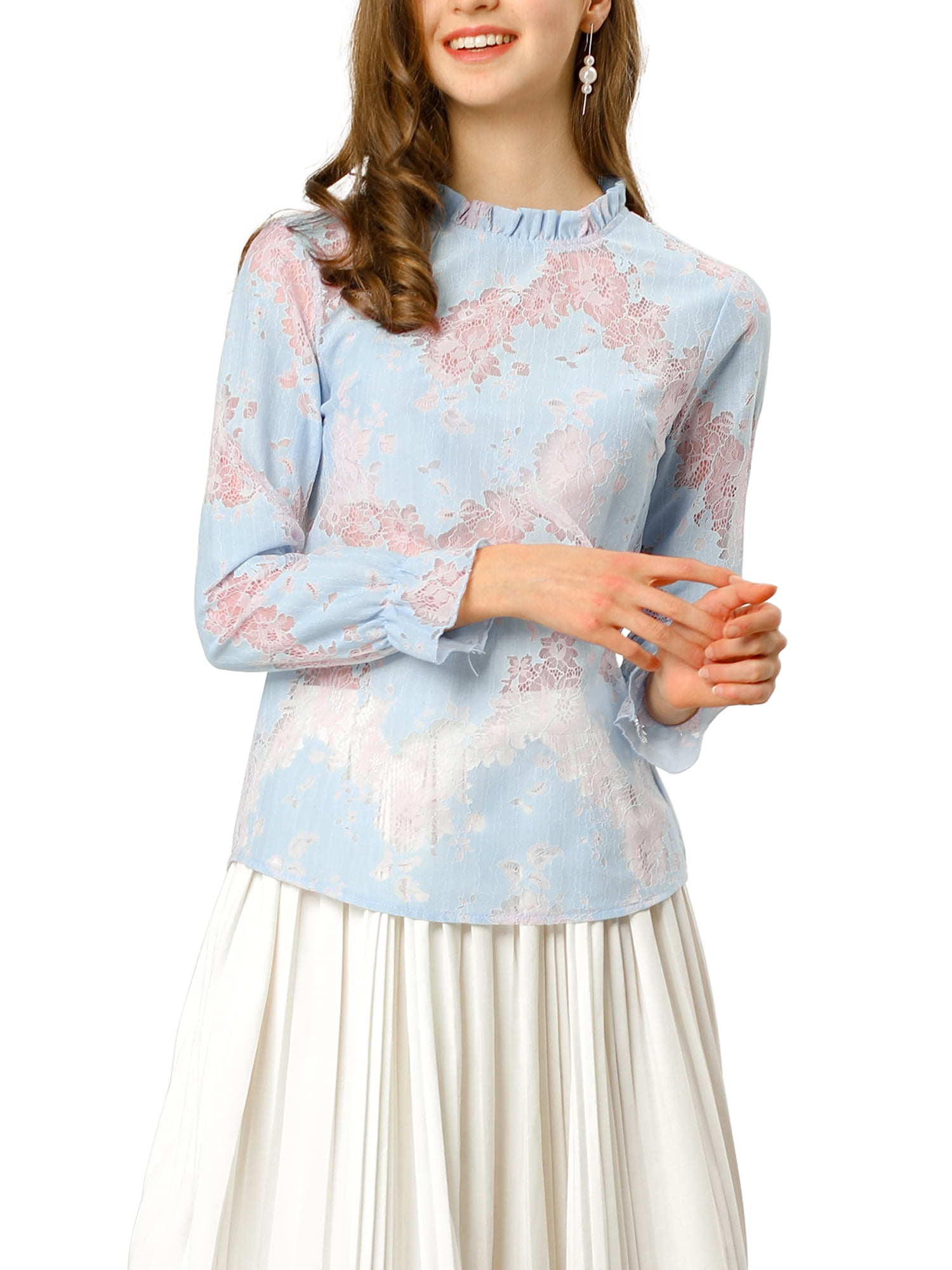 Unique Bargains Women's Floral Chroect Lace See Through Color Block Blouse