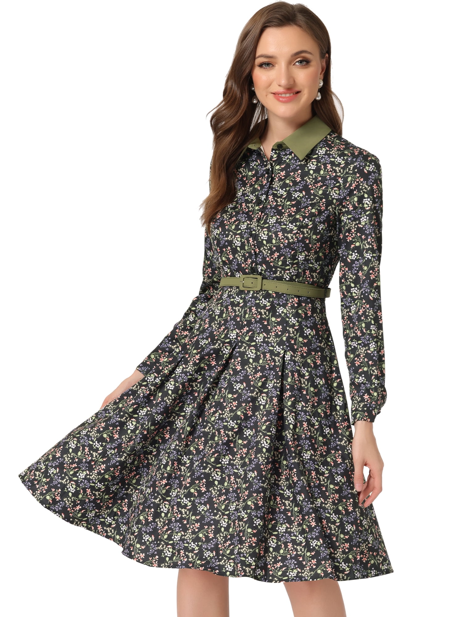 Unique Bargains Women's Floral Contrast Collar Belted Work Office Knee Length Dress L Blacks