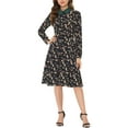 thumbnail image 1 of Unique Bargains Women's Floral Contrast Collar Belted Work Office Knee Length Dress XS Black, 1 of 6
