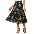 thumbnail image 1 of Unique Bargains Women's Floral Elastic Waist Chiffon Tiered A-Line Maxi Skirt S Black Pink, 1 of 5