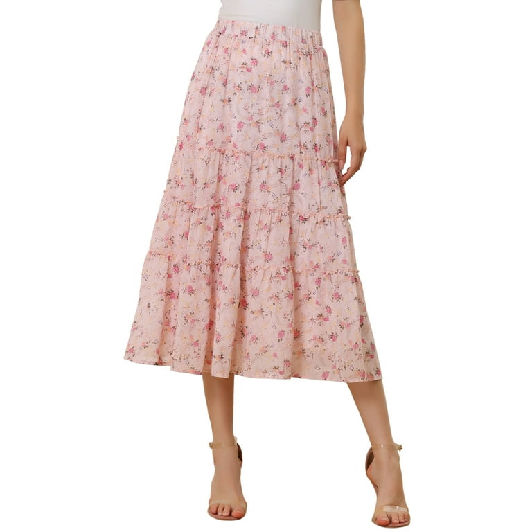 Unique Bargains Women's Floral Elastic Waist Chiffon Tiered A-Line Maxi  Skirt