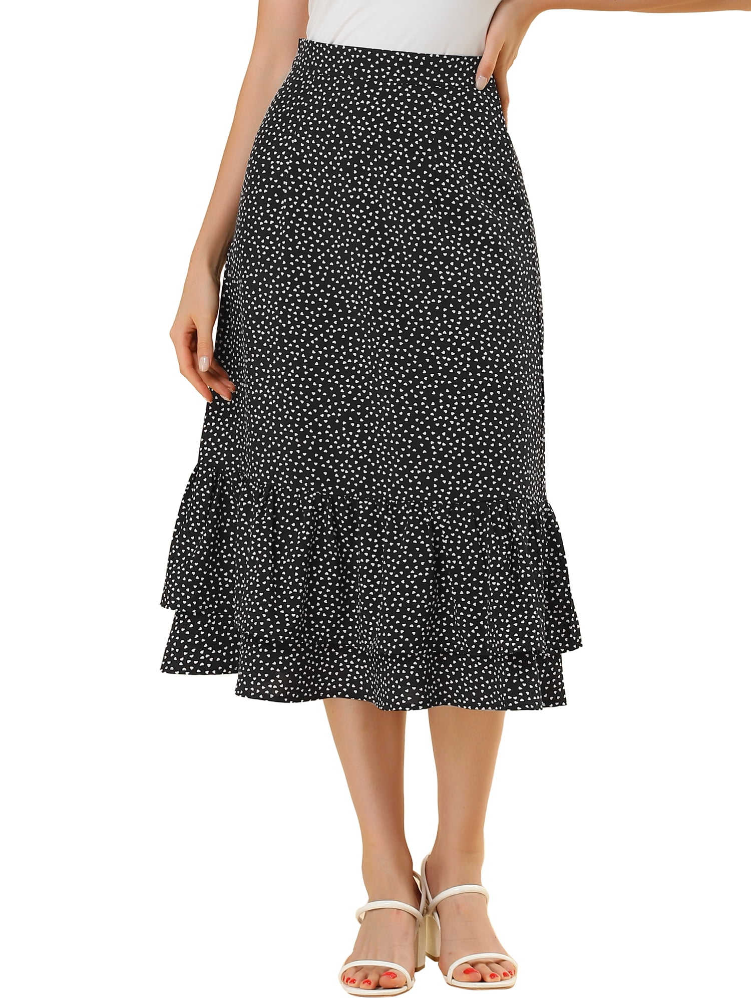 Black ruffle hot sale hem midi skirt