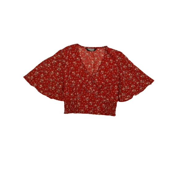 Unique Bargains Women's Floral Flare Short Sleeve V Neck Smocked Crop Tops S Burgundy