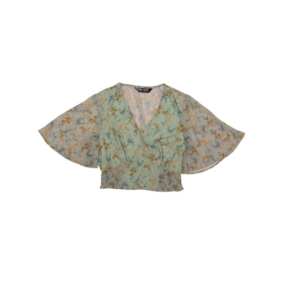 Unique Bargains Women's Floral Flare Short Sleeve V Neck Smocked Crop Tops S Green