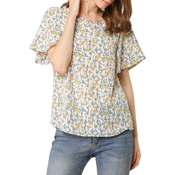 Unique Bargains Women's Floral Flutter Sleeve Round Neck Chiffon Blouse Tops