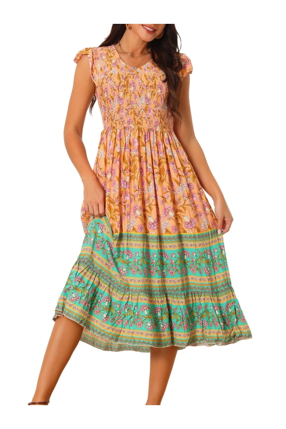 Women's Floral Flutter Sleeve Smocked High Waist Flowy Boho Dress L Orange