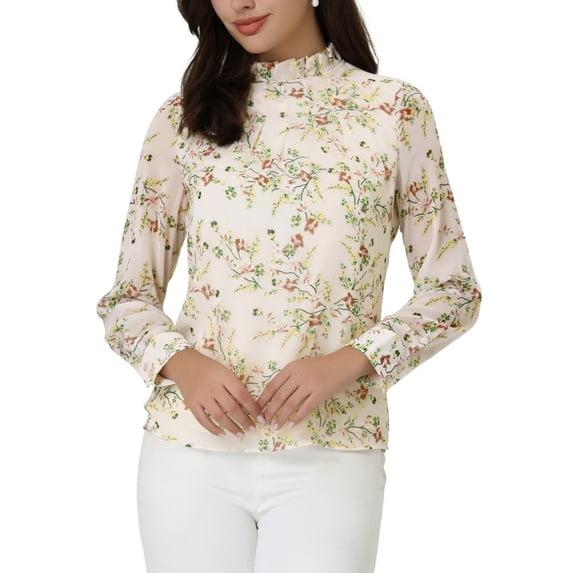 Unique Bargains Women's Floral Pleated Ruffled Stand Collar Long Sleeve Blouse White S