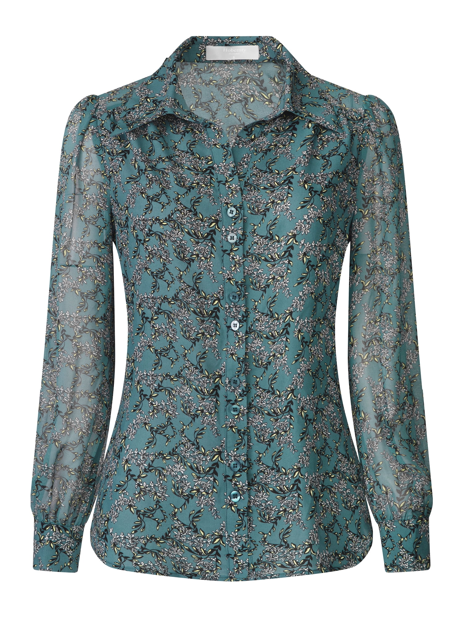 Unique Bargains Women's Floral Point Collar Long Sleeve Button Down Shirts S Dark Blue