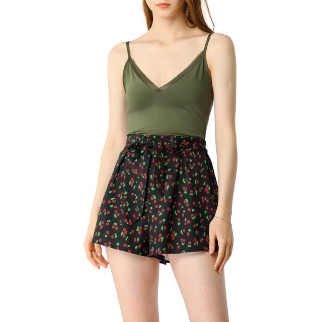 Unique Bargains Womens Floral Print Elastic Tie Waist Beach Short