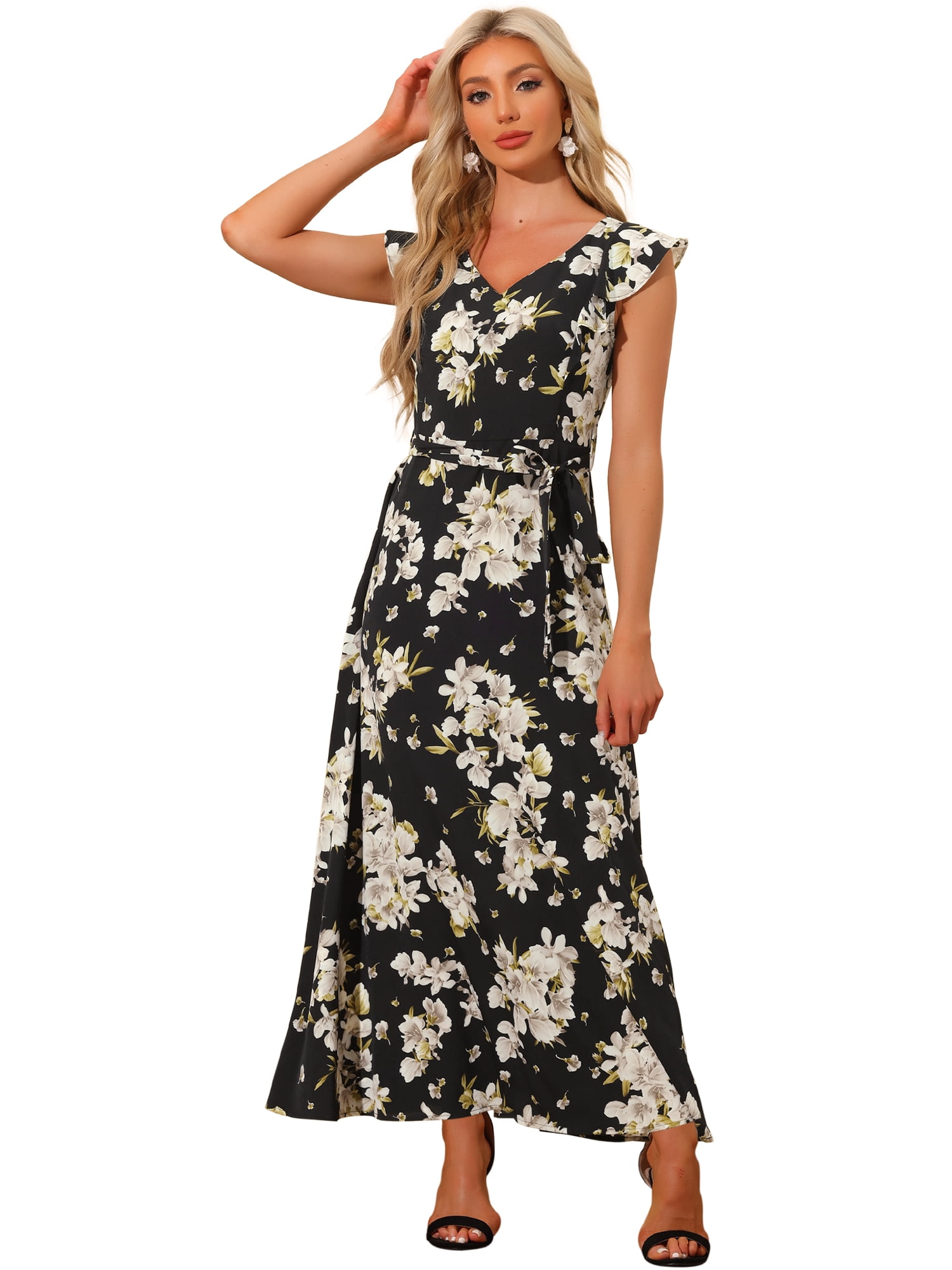 Unique Bargains Women's Floral Print Ruffle Sleeve Maxi Dress with Belt XS Black
