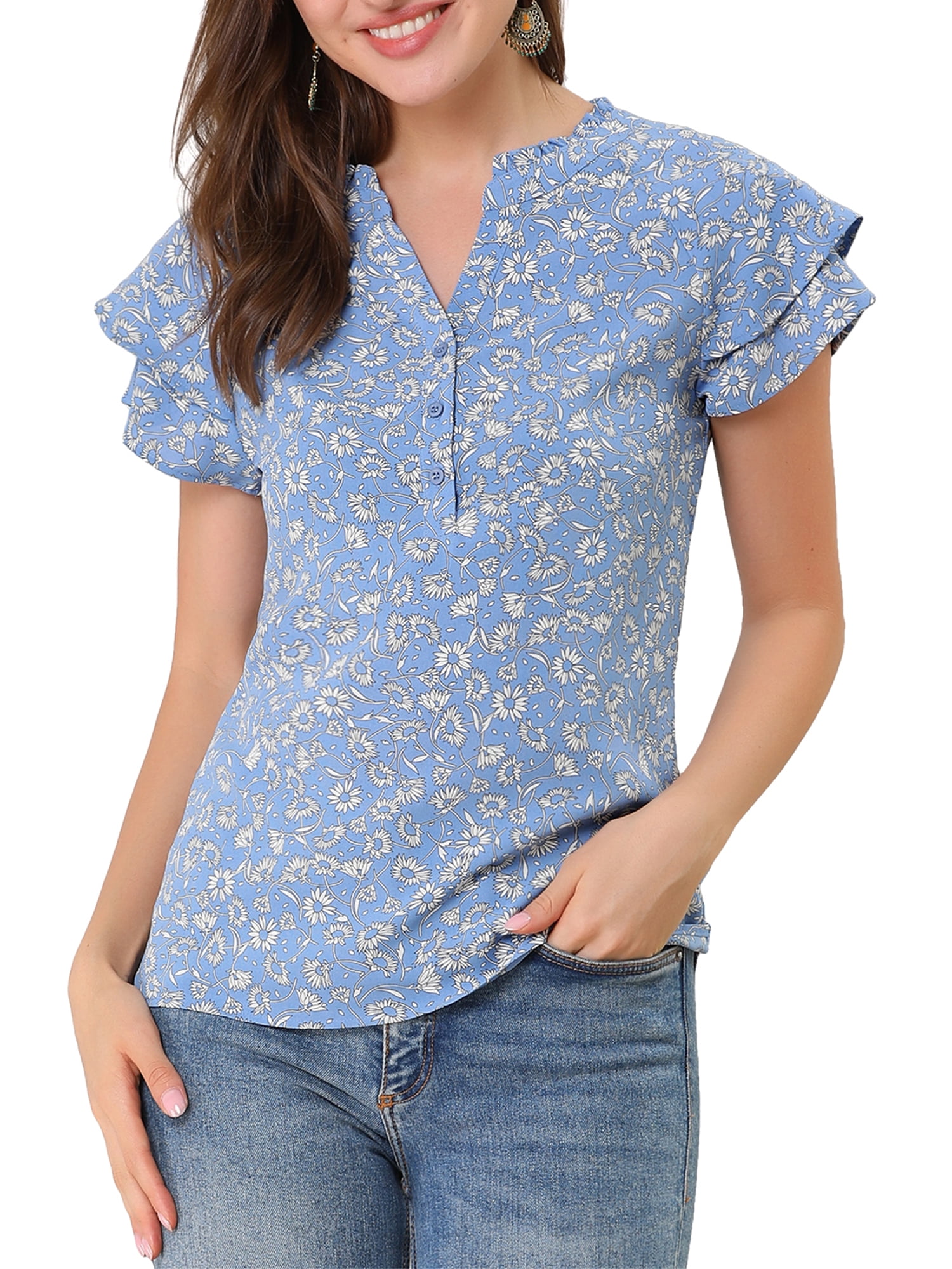 Unique Bargains Women's Floral Print Top Tiered Sleeve Button Down V Neck Blouse Blue M