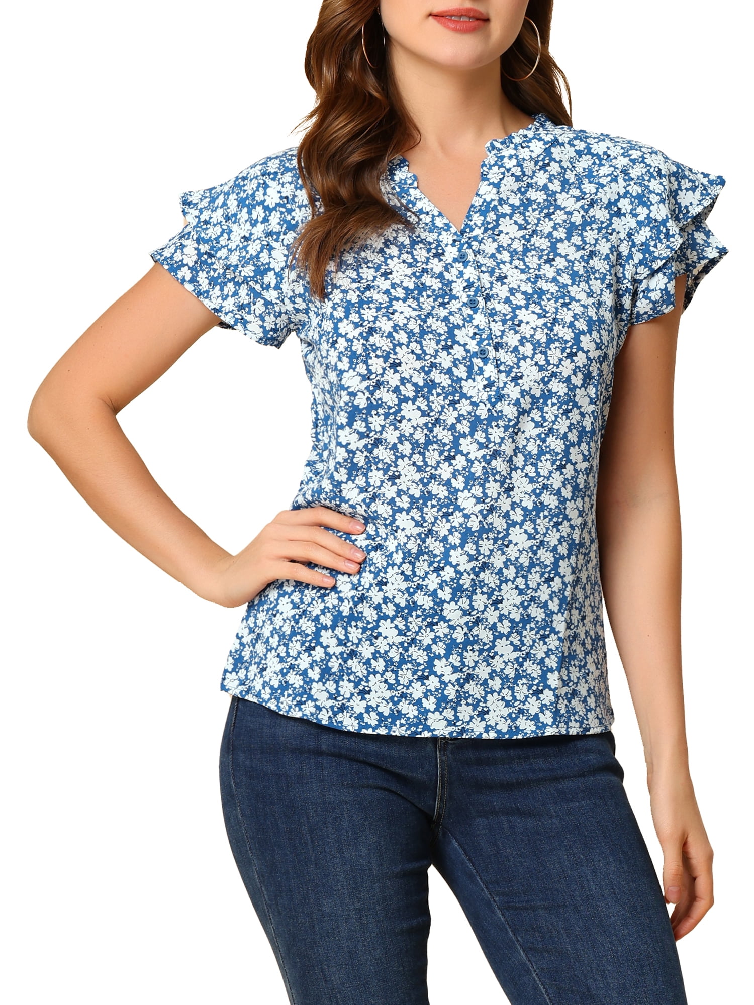 Unique Bargains Women's Floral Print Top Tiered Sleeve Button Down V Neck Blouse Blue S