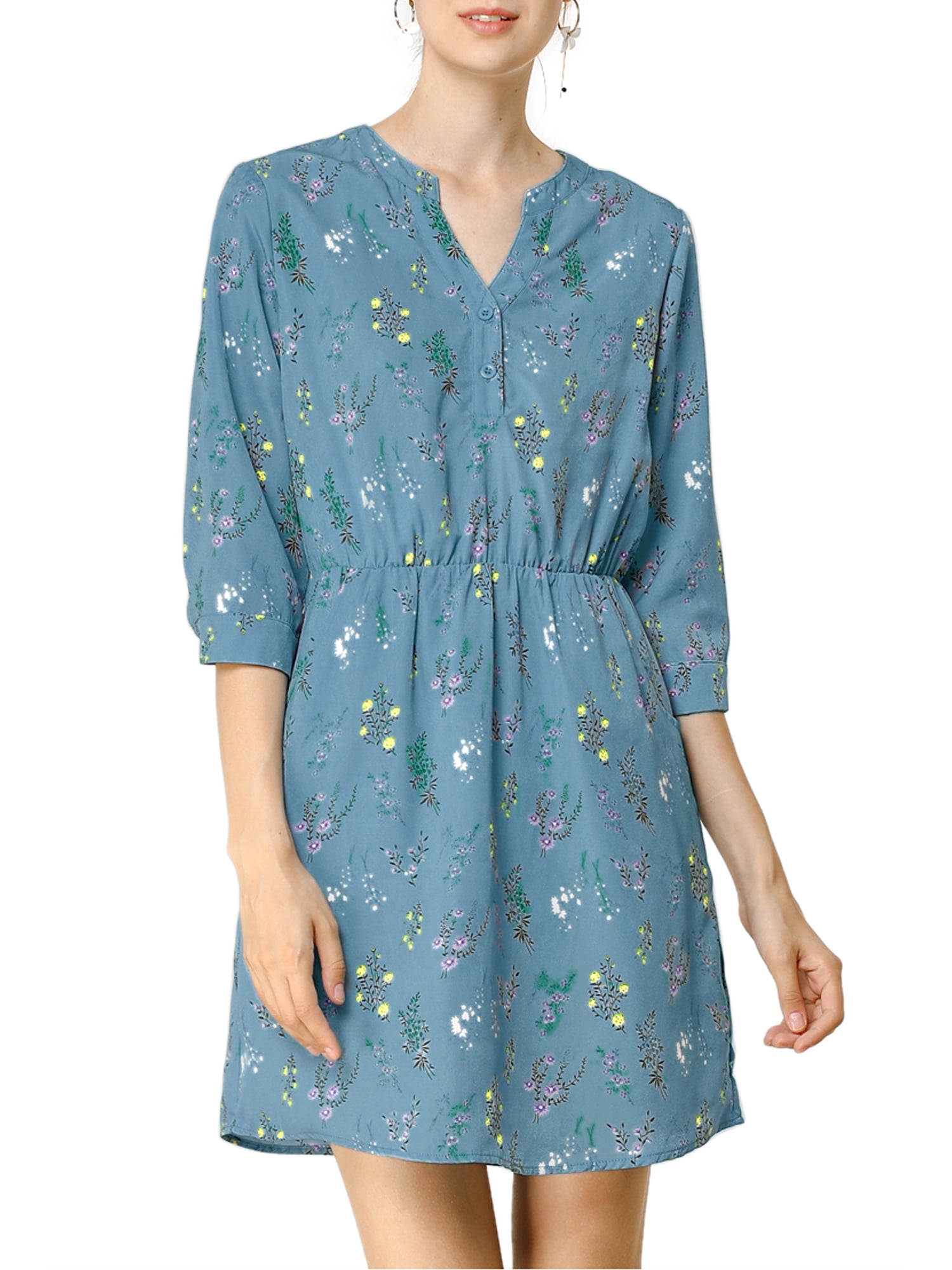 Retro Floral Print A-Line Dress with V-Neck