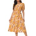 thumbnail image 1 of Unique Bargains Women's Puff Sleeve Waist Cutout Midi Floral Dress with Pockets S Yellow, 1 of 6