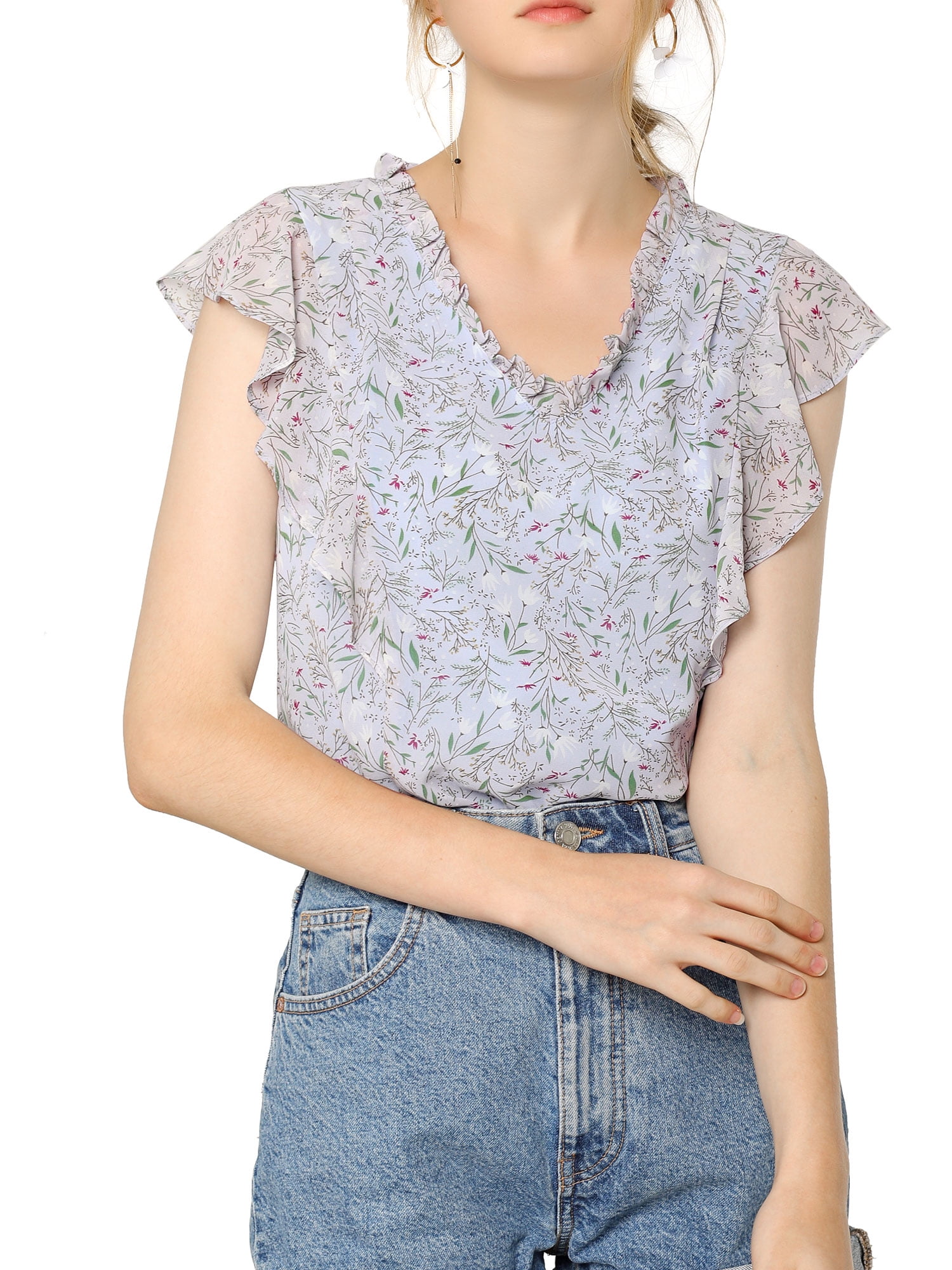Women's Vintage Blue Floral Print Ruffle Sleeve Top