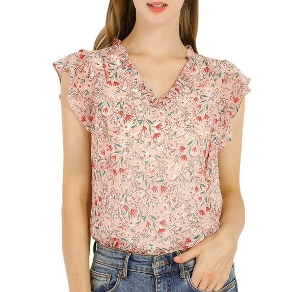 Unique Bargains Women's Floral Ruffle V Neck Cap Sleeves Blouse Top S Pink
