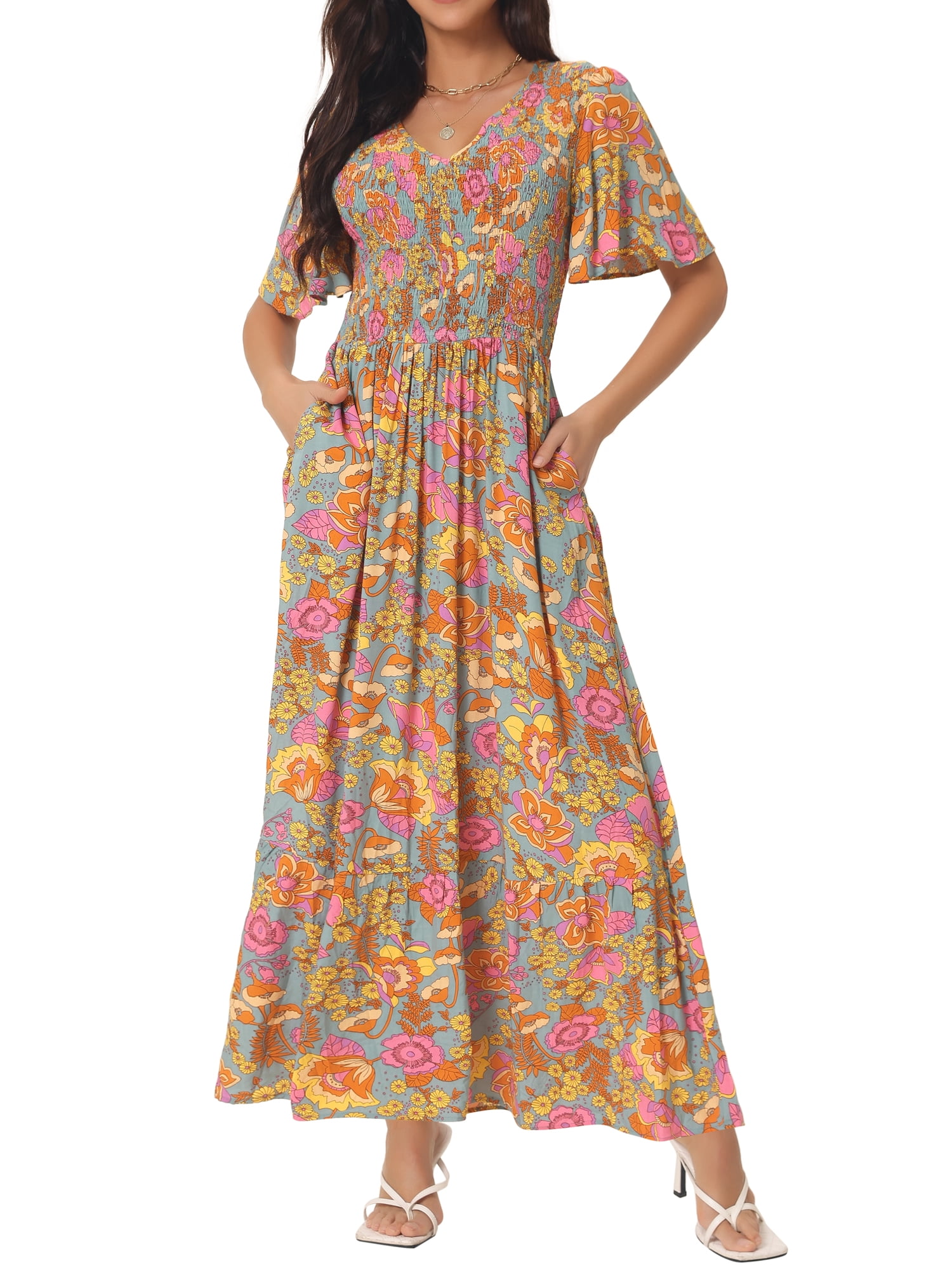 Unique Bargains Women s Floral Short Flutter Sleeve Smocked Flowy Maxi Dress with Pockets M Grey Green Walmart